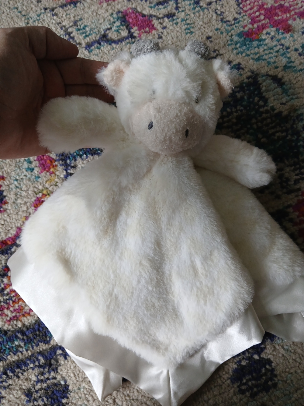 White Cow Lovey Security Blanket Plush Satin Trim Unisex Baby Comforter